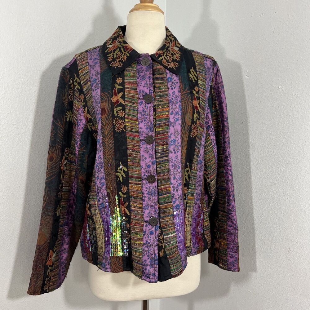 Coldwater Creek Jacket Womens Large Petite Patchwork Artsy Boho 90s Y2K